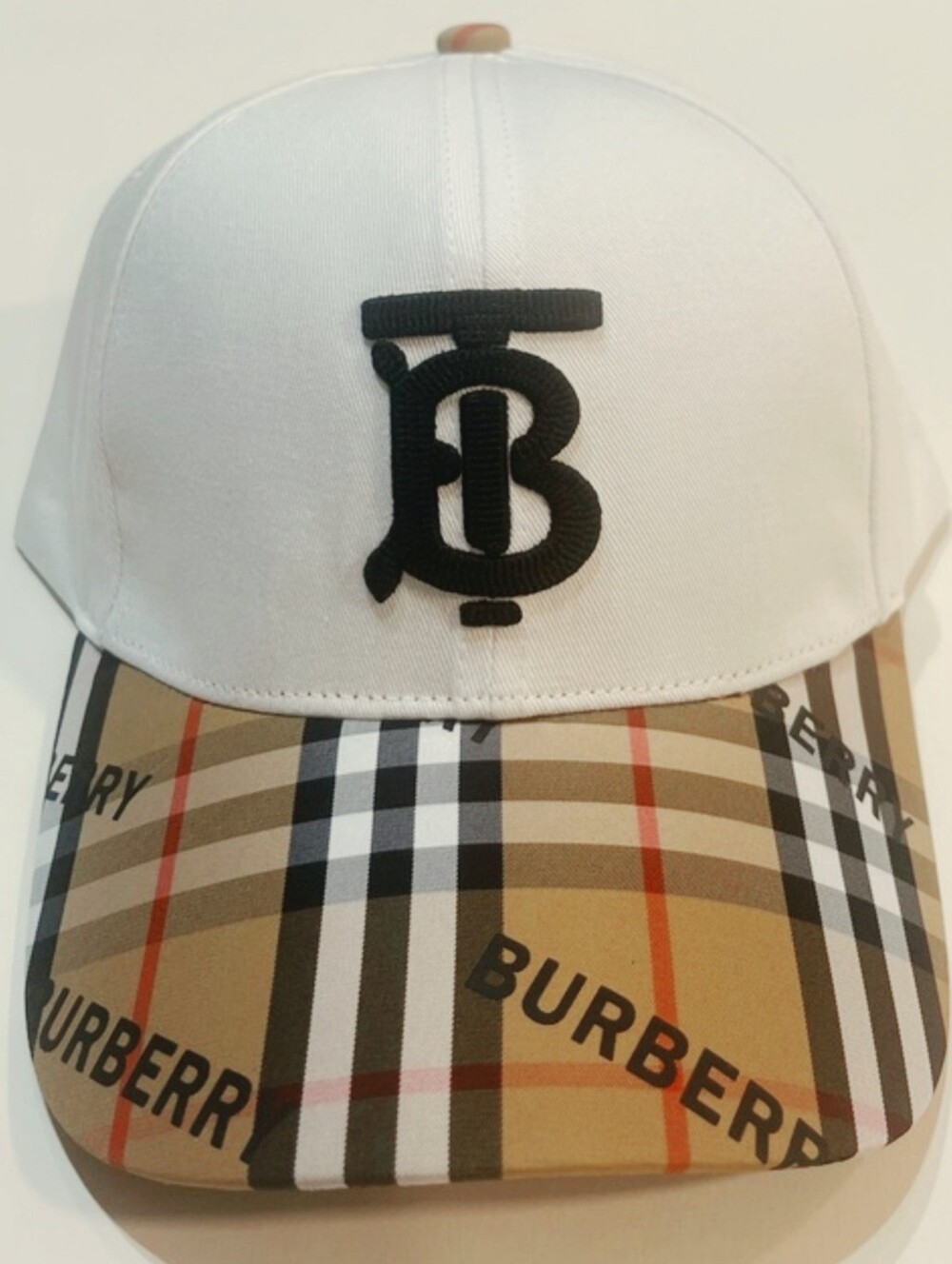 Burberry White Cap with Beige Check Brim and Black TB Logo